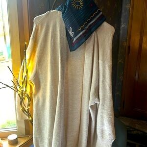 NWT LONG OPEN TAN CARDI, ribbed sleeved poly/ wool/ fits closer to XL/not xxl